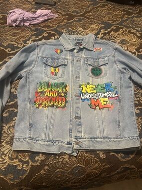 Denim Bomber Jacket with Colorful Graffiti Patches - One of a kind